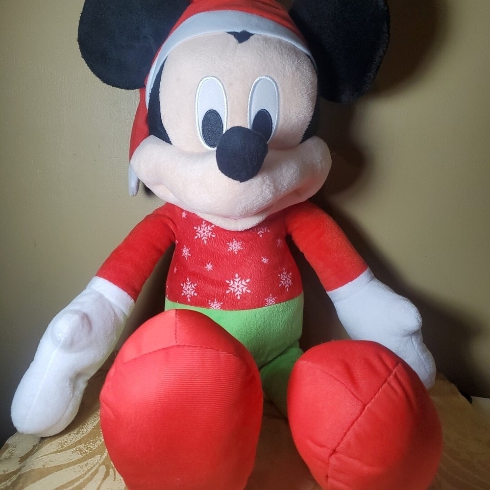 Disney‎ 15" Mickey Mouse Plush Unisex Red Holiday Santa Snowflake Christmas Toy